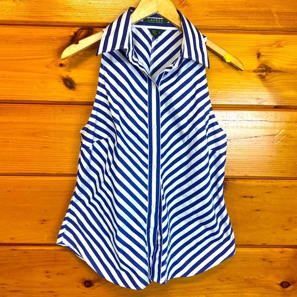 Ralph Lauren Tops - Ralph Lauren Navy White Sleeveless collared Button Front Cotton Vest Blouse 10